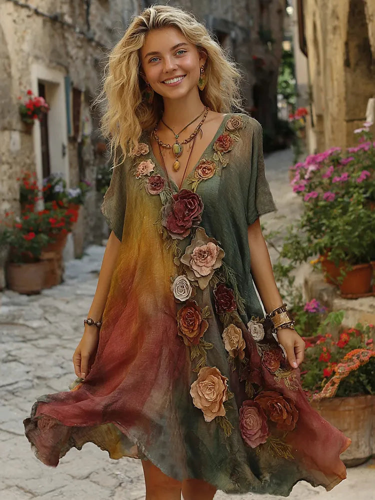 The Sunset Collection Vintage Rose And Floral Gradient Art Linen V Neck Midi Dress