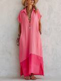 Stylish Casual Color-block Cotton-linen Dress With Polo Collar