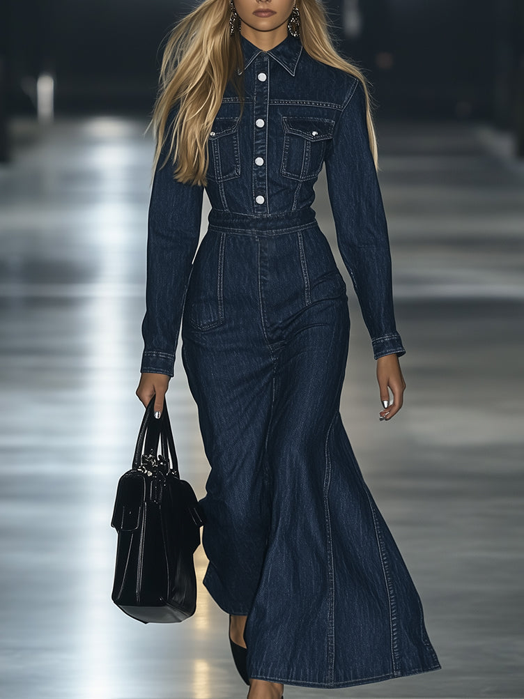 [24-hour shipping out]Casual Slim Fit Vintage Lace-up Long Sleeve Denim Maxi Dress