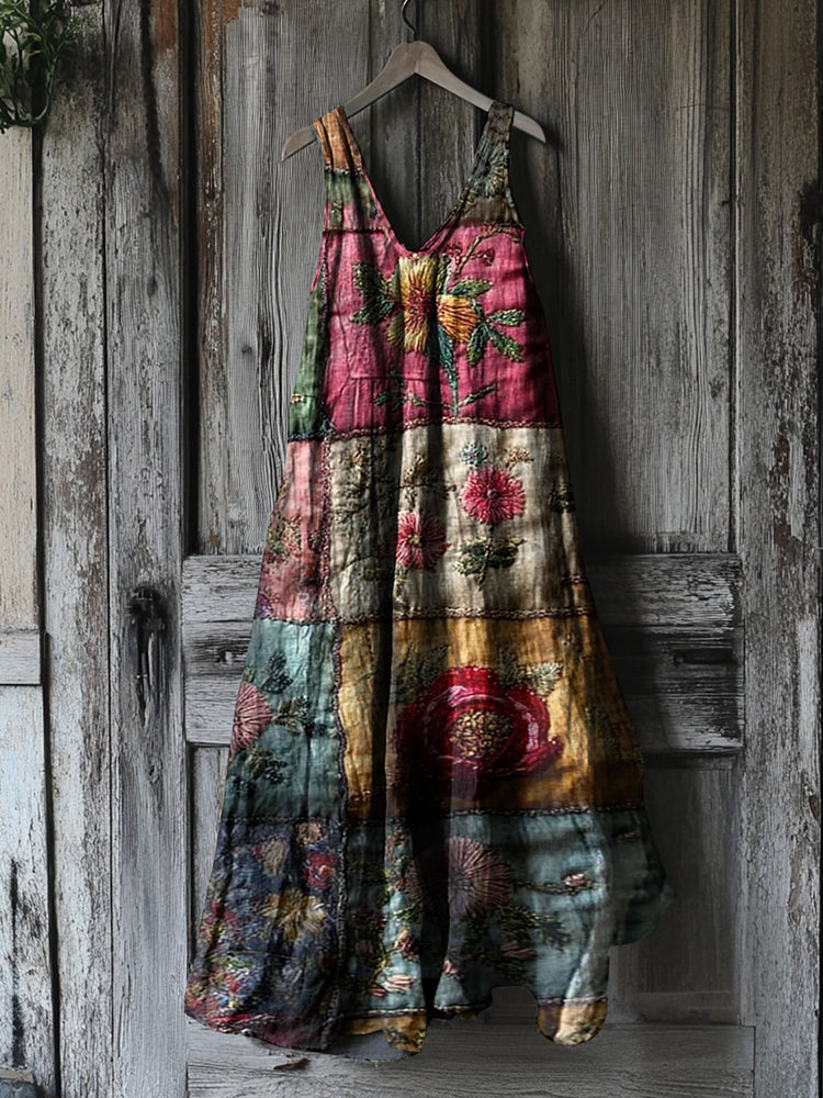 Women's Vintage Floral Patchwork Cotton And Linen Dress b31c