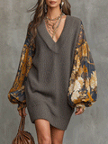 V-Neck Sweater Overlay Floral Print Balloon Sleeve Midi Dress