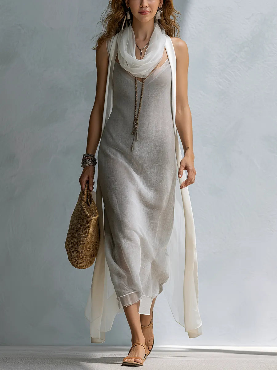 Elegant Ivory Tulle Scarf Midi Dress Set