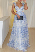 Women's V-Neck Cutout Tiered Tulle Maxi Dress With Flower Straps