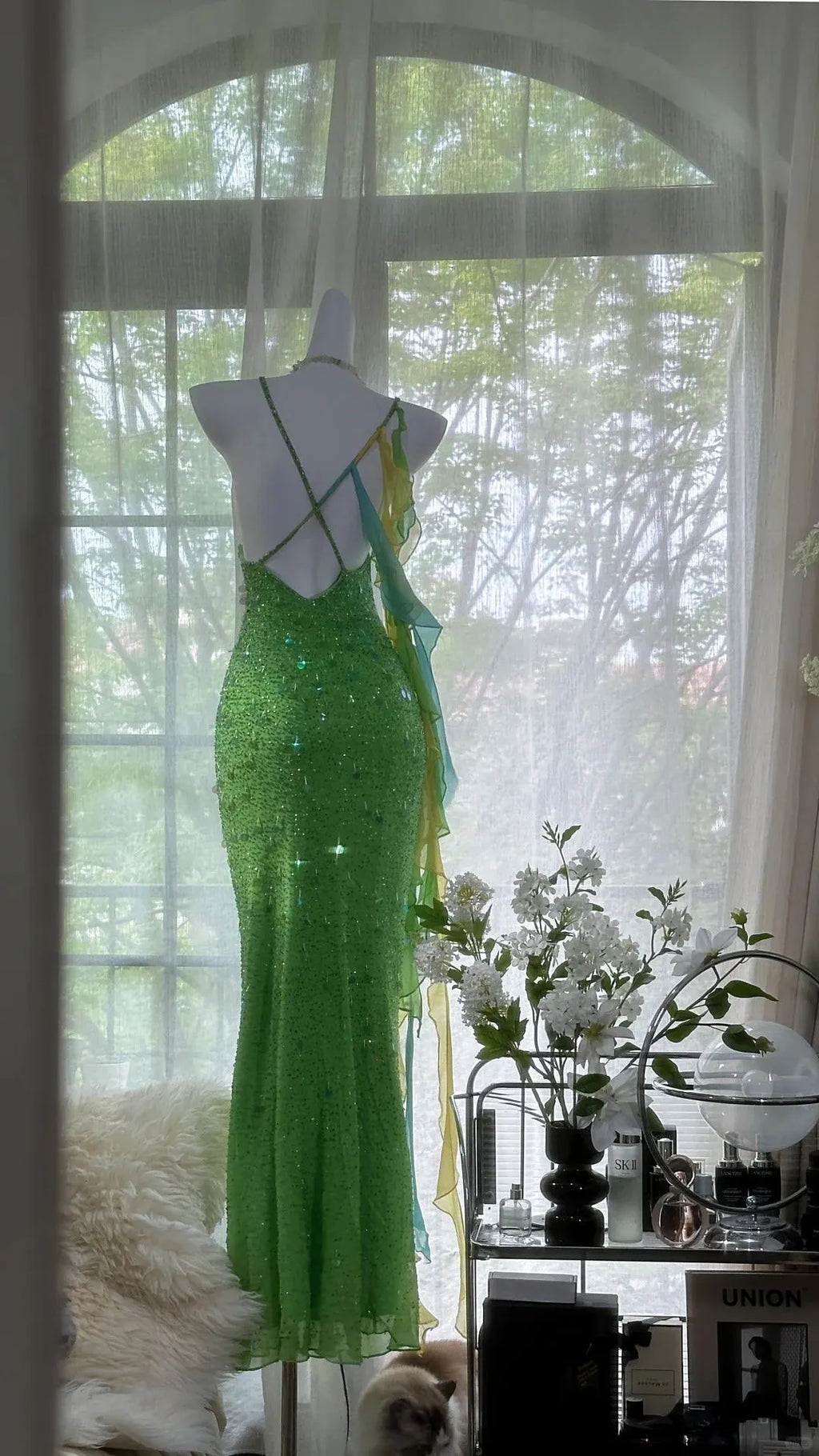 Green Beautiful Charming Fashion Elegant Sparkling Exquisite Sequin Beaded Long Chiffon Ball Gown Evening Gown Birthday Party Gown Prom Gown Graduation Gown 3946