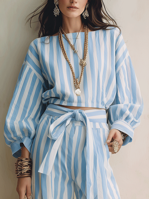 Bohemian Striped Resort Sky Blue Belted Two-Piece Set
