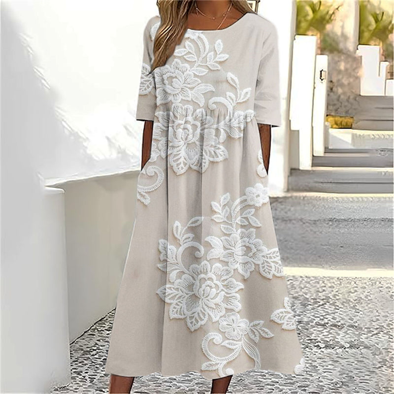 Classy Flowers Embroidered Lace Linen Maxi Dress