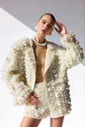 Statement Ivory Pearl Encrusted Jacket & Shorts Set - Handcrafted Luxury Two-Piece Suit