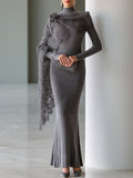 Lace-Draped Ribbed Knit Maxi Dress