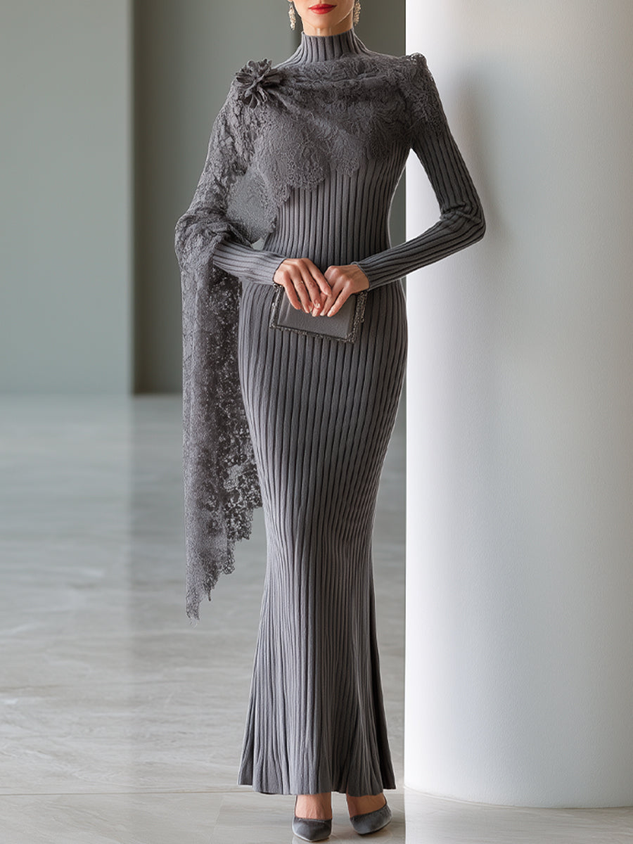 Lace-Draped Ribbed Knit Maxi Dress