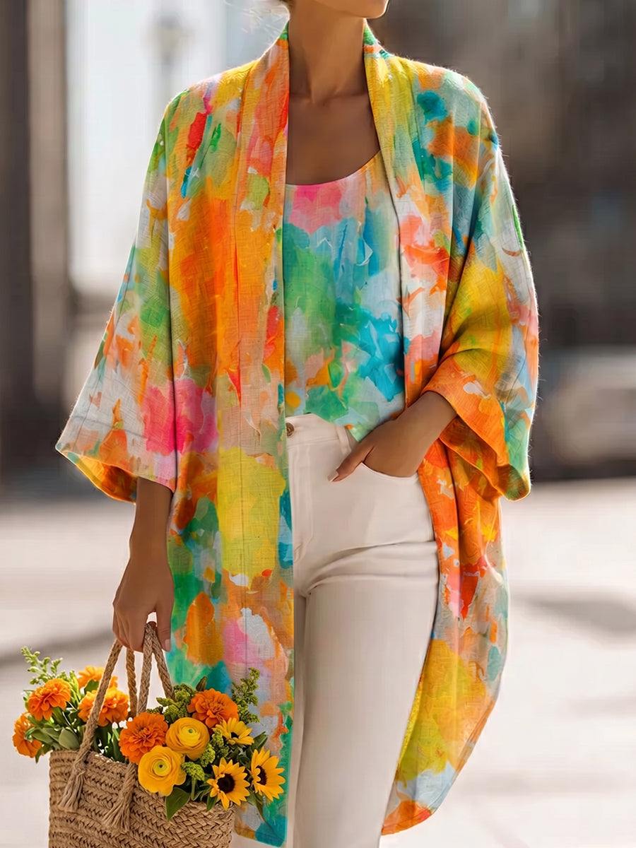 Artistic Watercolor Print Cotton-linen Cardigan & Vest Two-piece Set