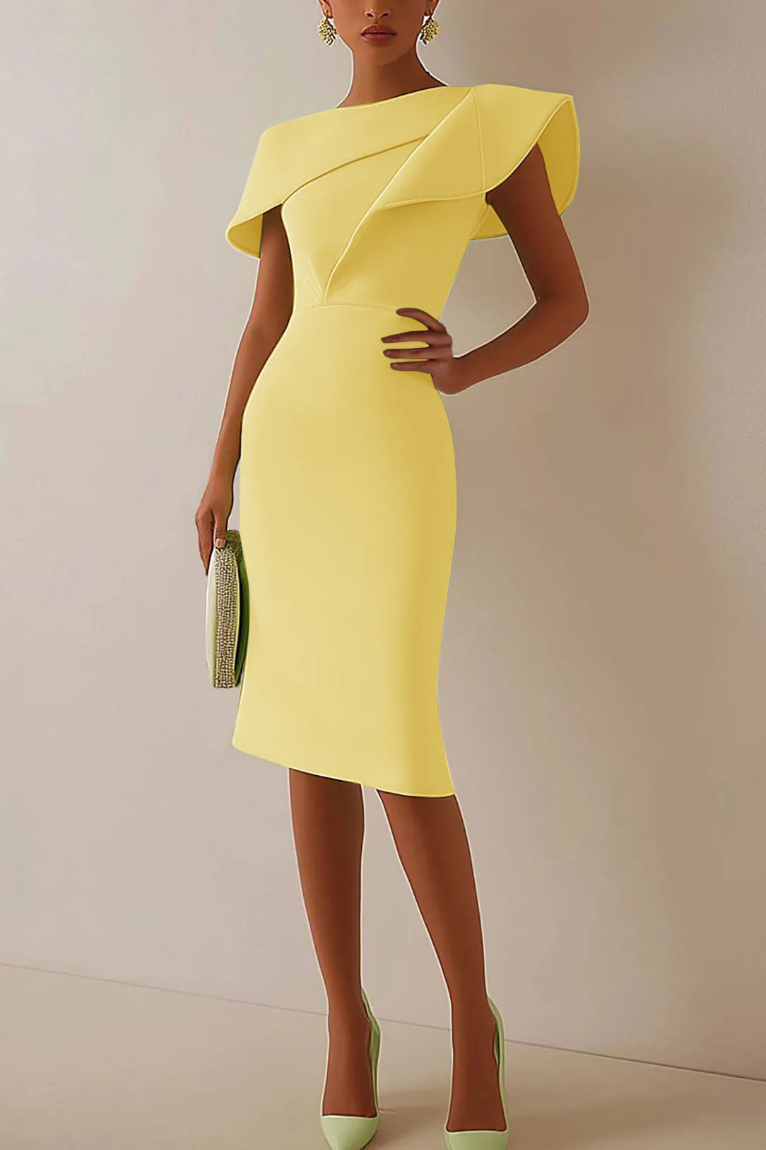 Daily Sage Green Dress Lotus Leaf Sleeve Asymmetrical Layered Bodycon Midi Dress