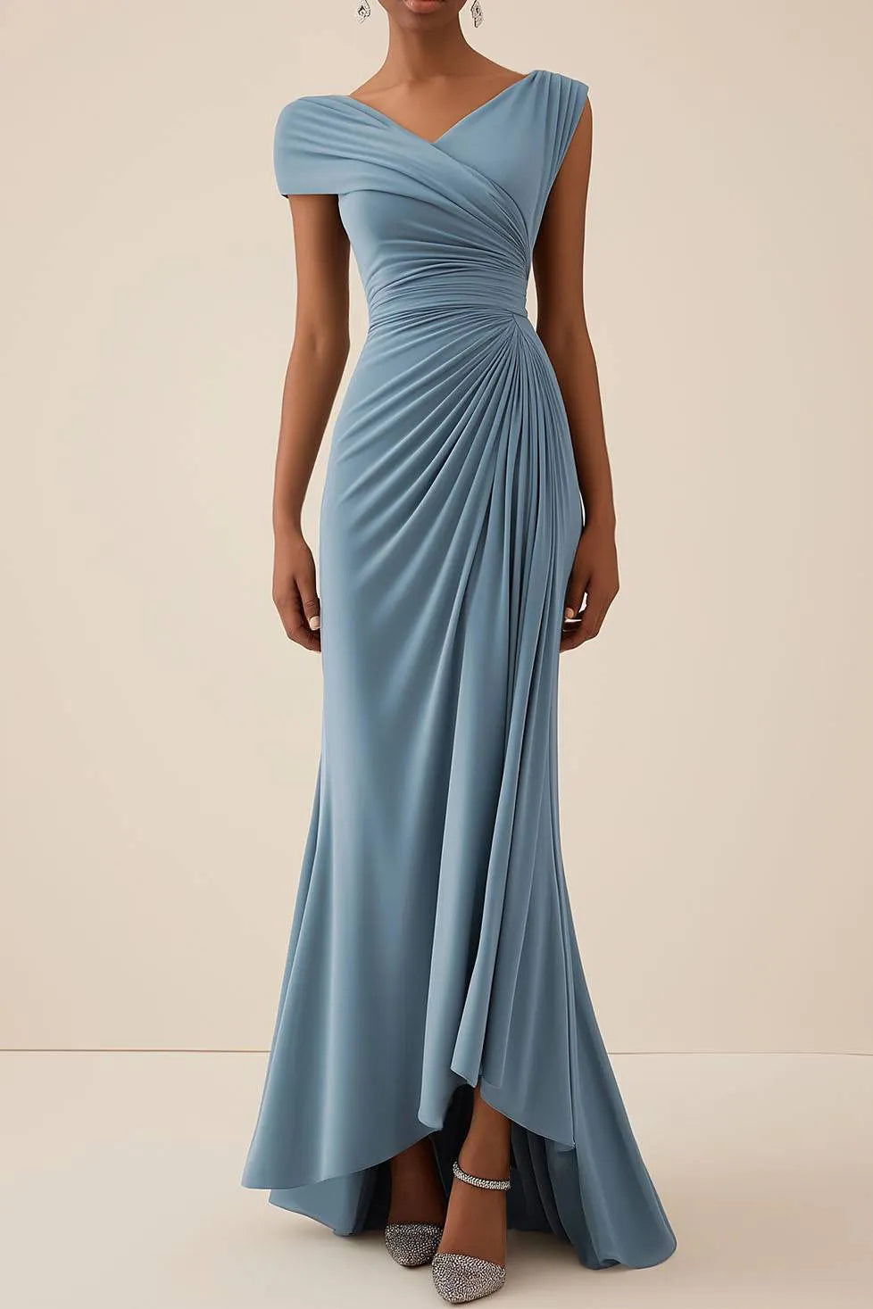 Wedding Guest Party Dress Blue Ruched V Neck Maxi Dress