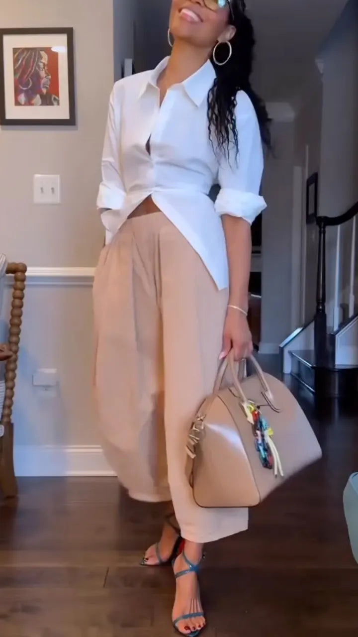 Women's Lapel, Waist-Cinching Shirt + High-Waisted Wide-Leg Pants SetPants Set