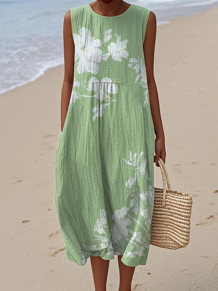 Vintage Loose Floral Art Linen Tank Dress