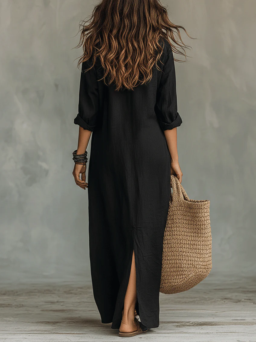 Casual Solid-color Linen-cotton Dress