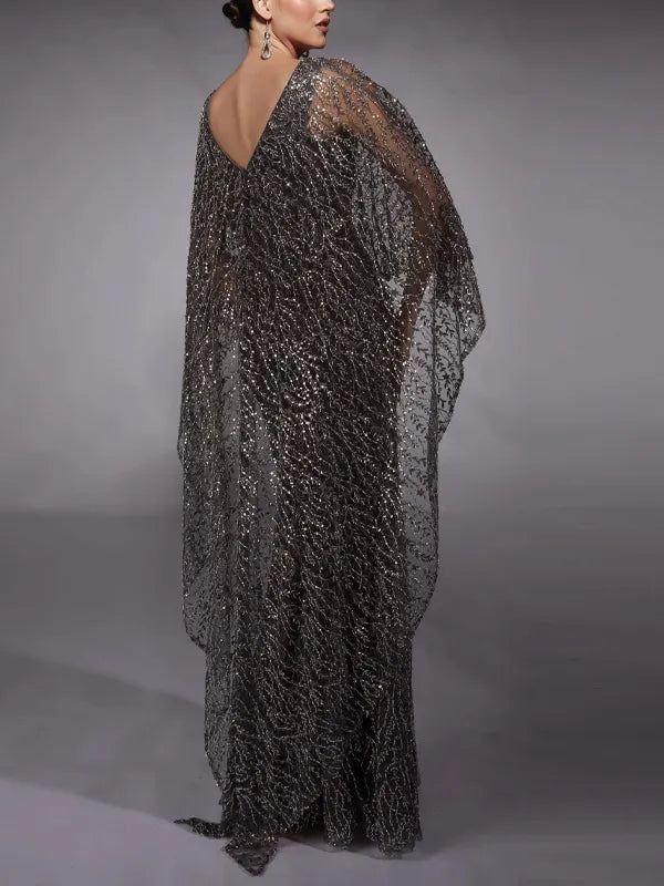 V-Neck Lace Sequins Maxi Dress