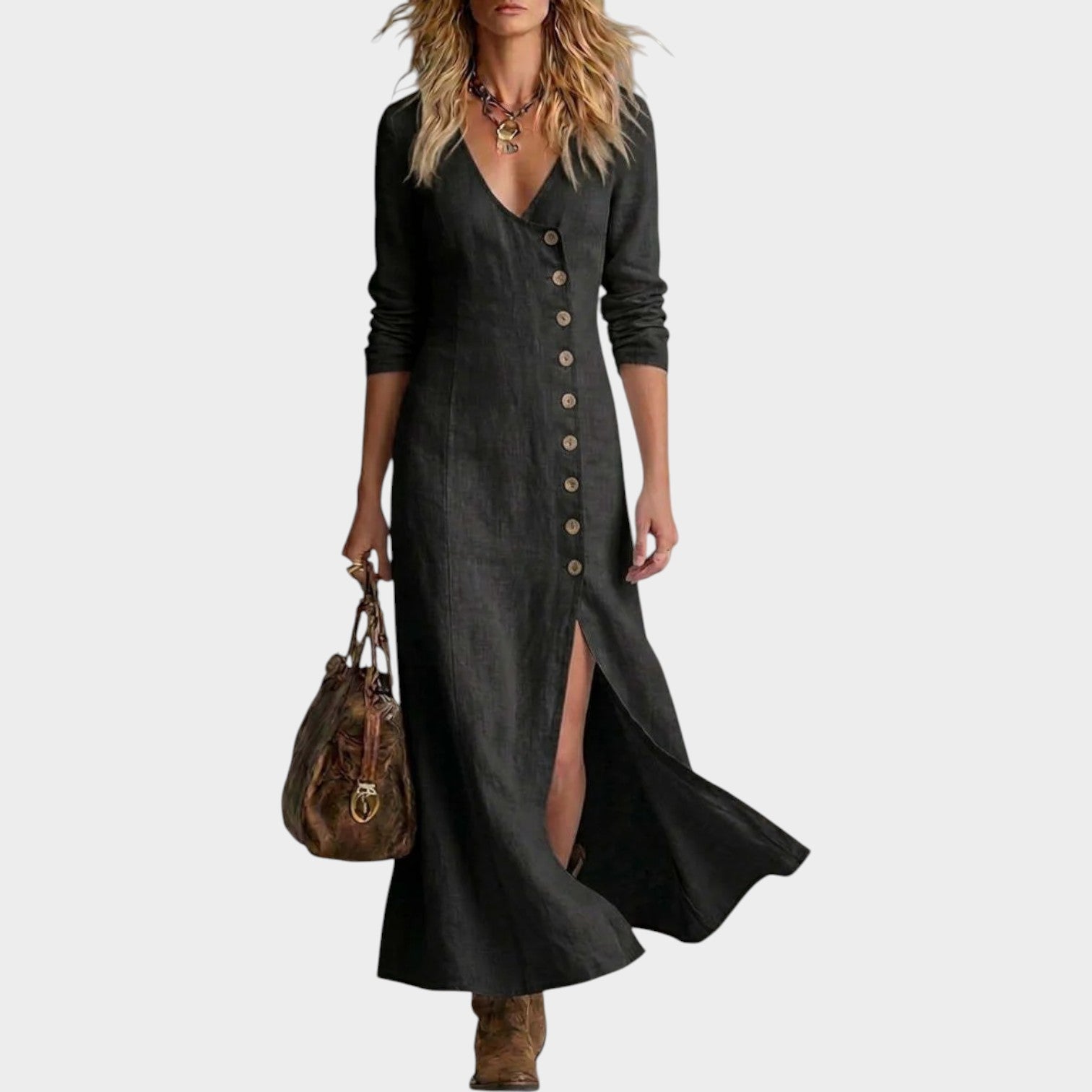 Button-Front Linen Maxi Dress