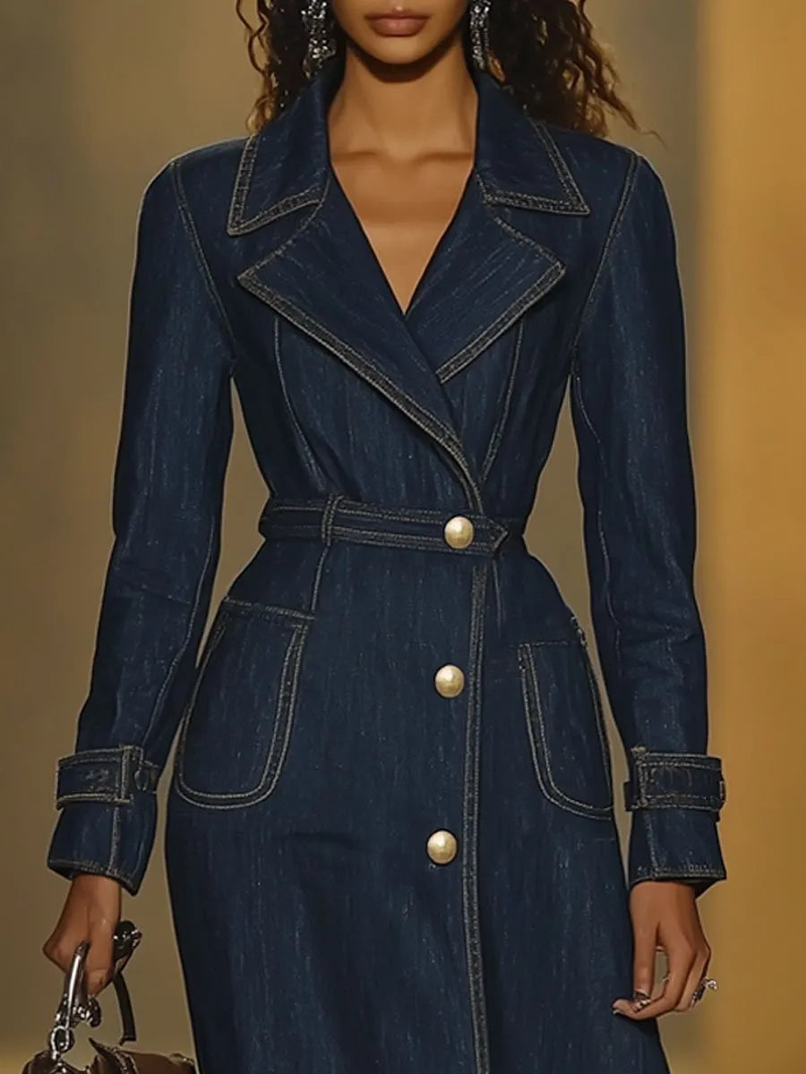 [24-hour shipping out]Casual Retro Pocket Denim Long Sleeve Dress Style Trench Coat