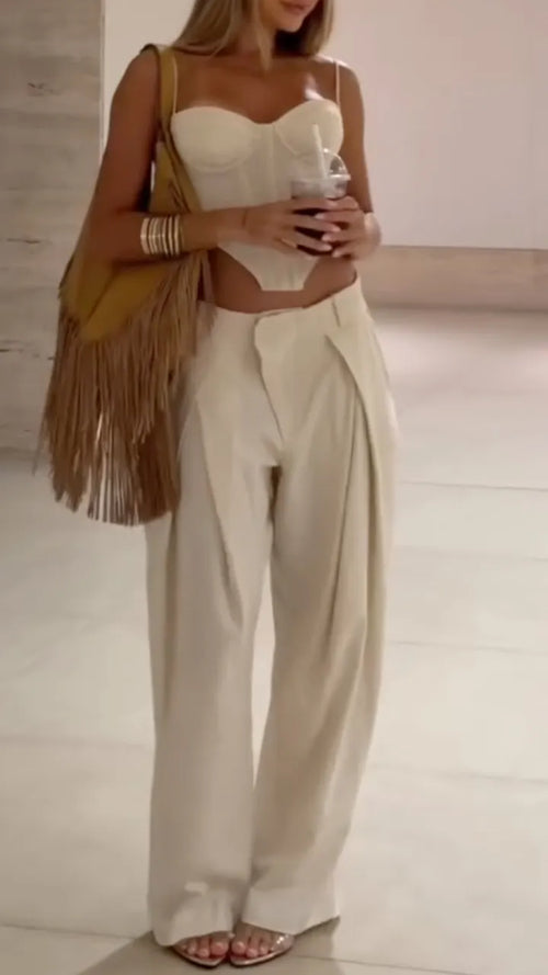 Beige Corset Cami Top and Wide Leg Pants Setts Setet