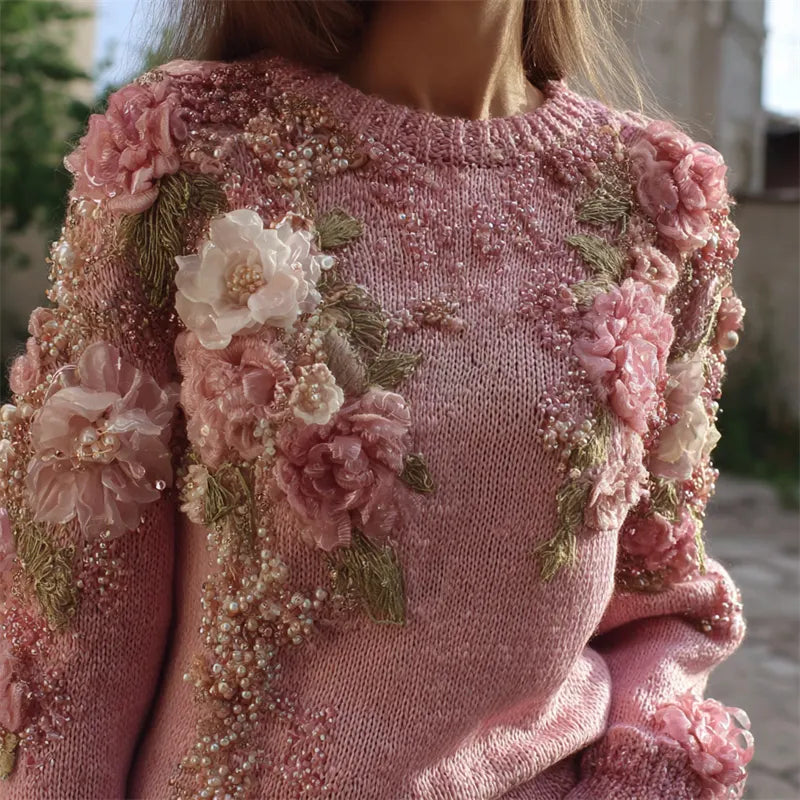 Vintage Flowers Fiber Art Beaded Cozy Knit Sweater