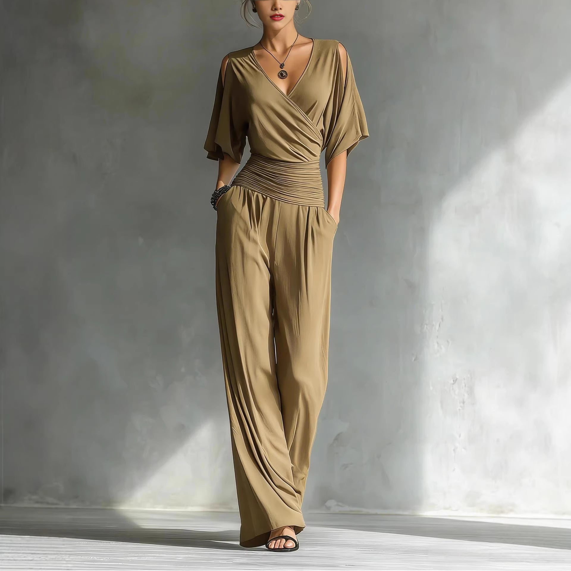 French Chic Wrap V-Neck Jumpsuit - Elegant Ruched Waist Wide-Leg Romper with Shoulder Cut-outs