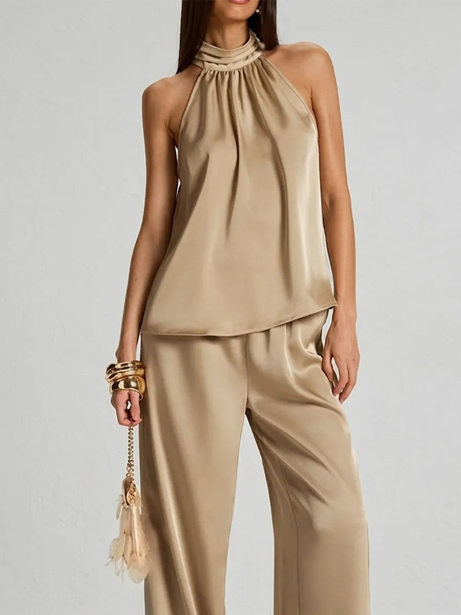 Champagne Satin Mock Neck Cami & Flowy Wide Leg Trousers Set