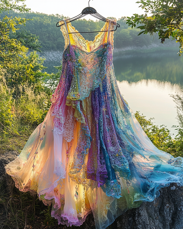 Summer Irregular Lace Patchwork BeadedRuffle Dress 19fb