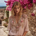 Vintage Boho Pink Roses Embroidered Art  Linen Short Sleeves V-neck T-shirt