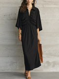 Refined Black Ruched Cape Sleeve Maxi Dress