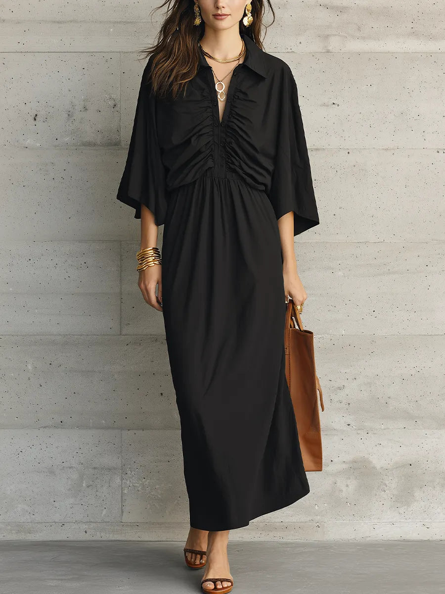 Refined Black Ruched Cape Sleeve Maxi Dress