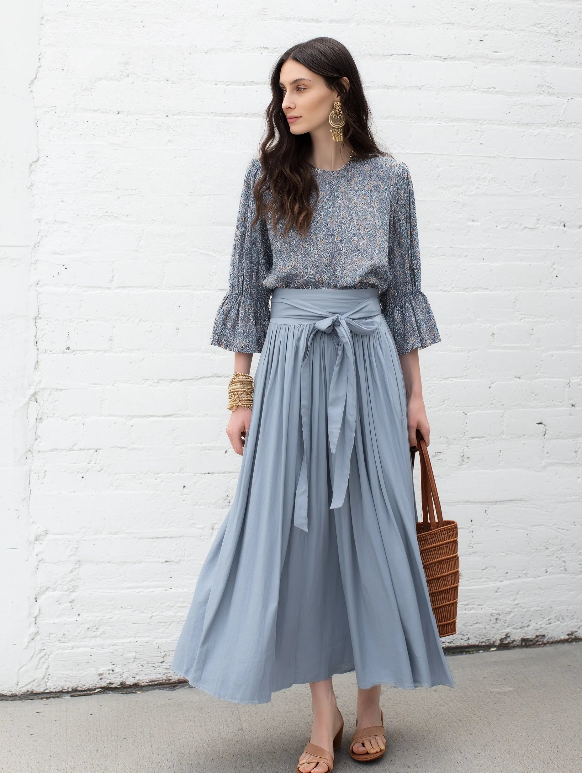 Elegant Dusty Blue Floral Print Blouse &  Skirt Set