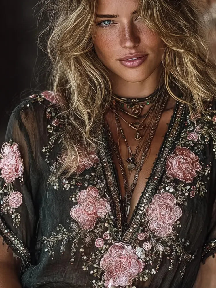 Bohemian Romantic Style Embroidered Rose Short-sleeved Top