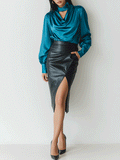 Chic Satin Drape Blouse & Leather Slit Skirt Set