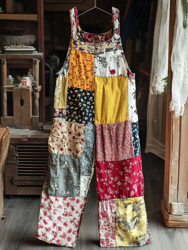 Patchwork loose cotton and linen overalls d588