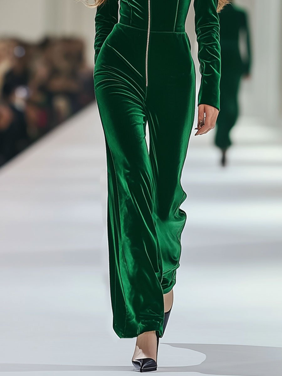 [24-hour shipping out]Casual Loose Retro Long Sleeve Green Velvet Zipper Jumpsuit