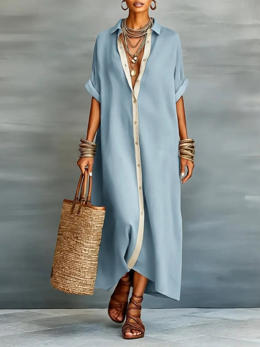Women’s Linen & Cotton Shirt Dress – Casual Loose Fit Summer Midi Dress