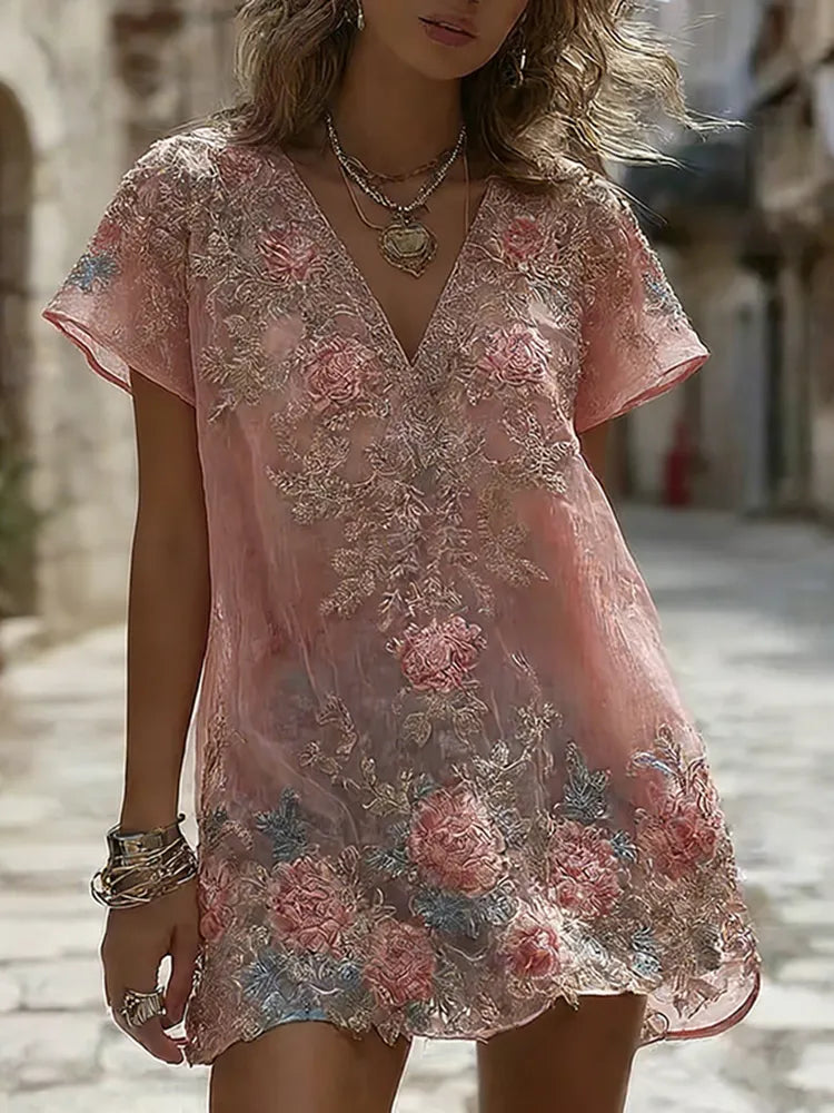 Women's Rose Floral Embroidered Casual V-neck Dress