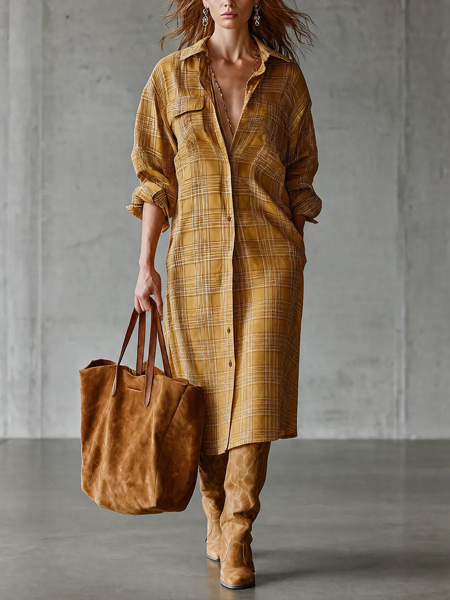 Effortless Chic Oversized Checkered Tunic Midi Dress