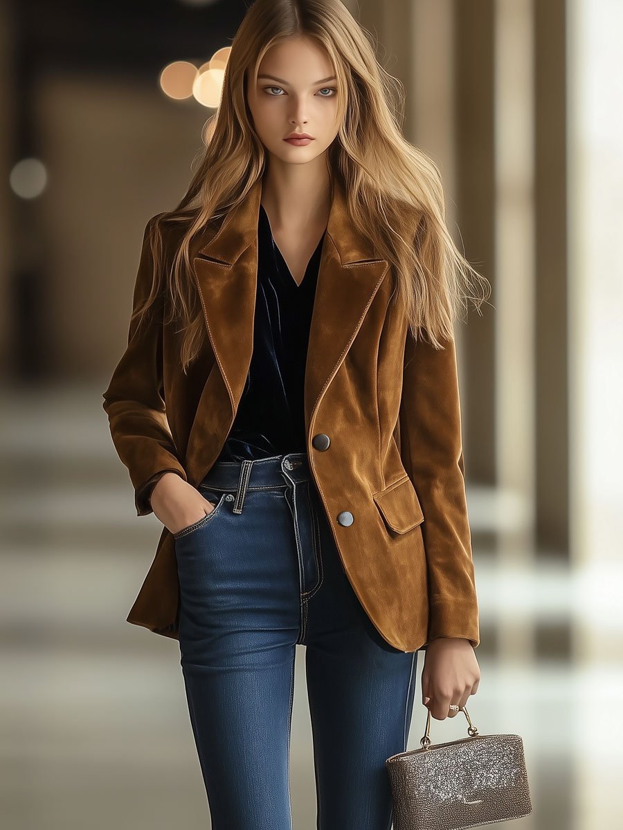 [24-hour shipping out]Casual Loose Retro Solid Color Suede Pocket Blazer