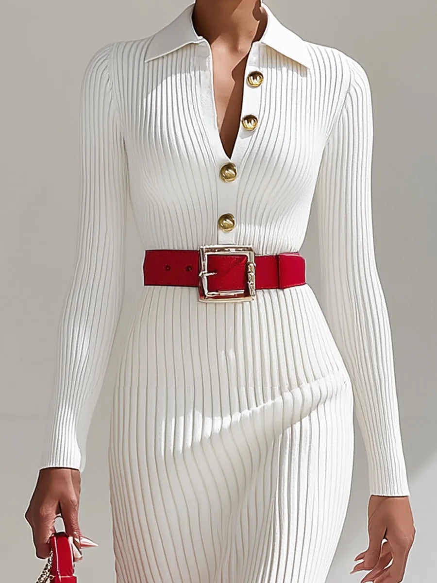 [24-hour shipping out]White Wool Lapel Button Design Maxi Dress