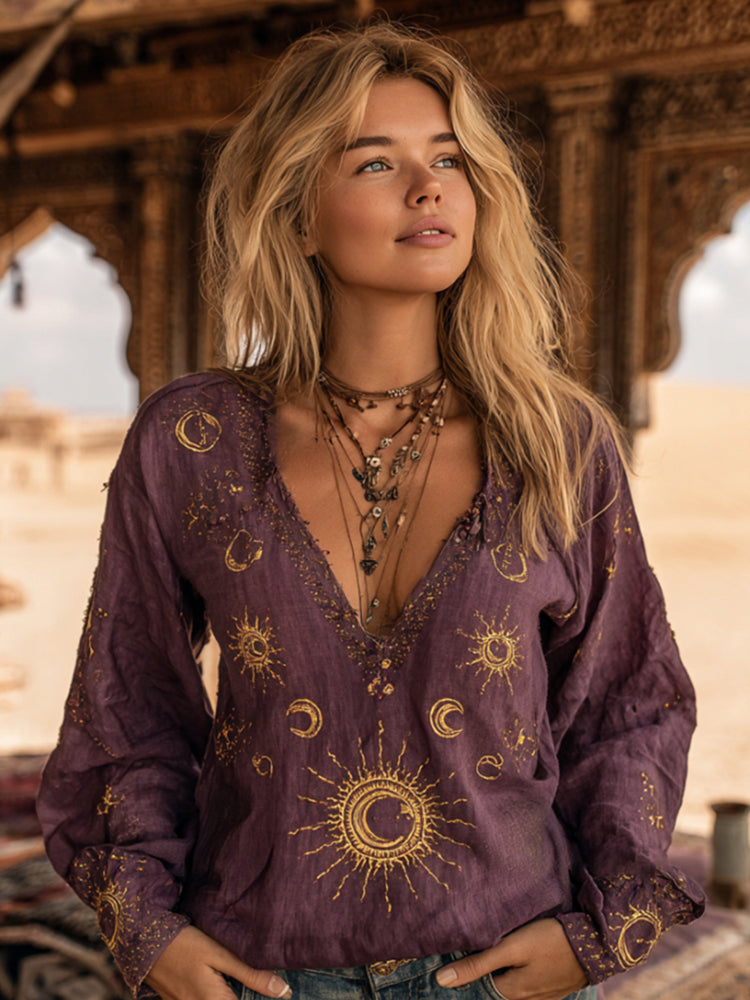 Mysterious Moon Tie-dyed V-neck Linen Embroidered Top