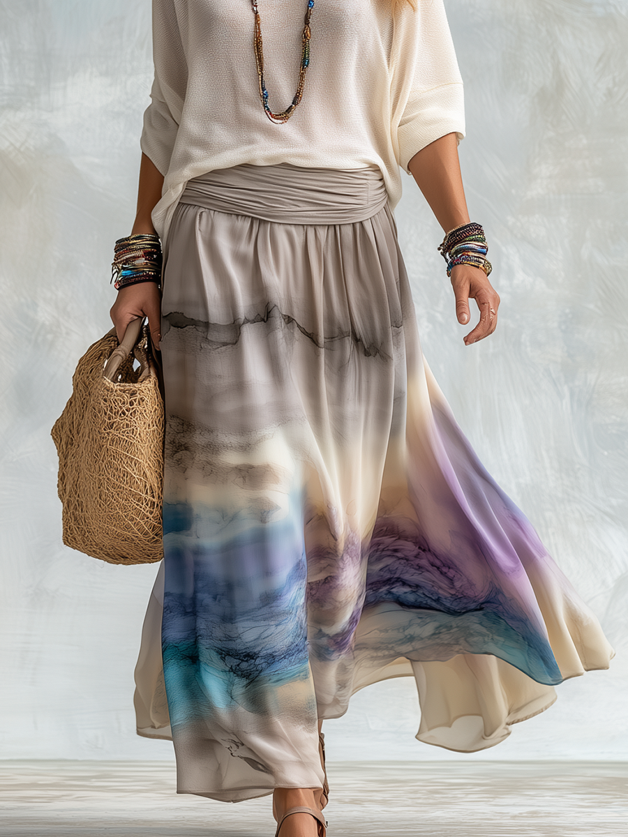Bohemian Knit Top And Gradient Skirt Set