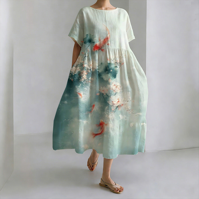 Japanese Style Pond Moonlight Round Neck Leisure Dress