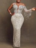 Asymmetric Sequined Tasseled Empire Wrap Silver Maxi Dress