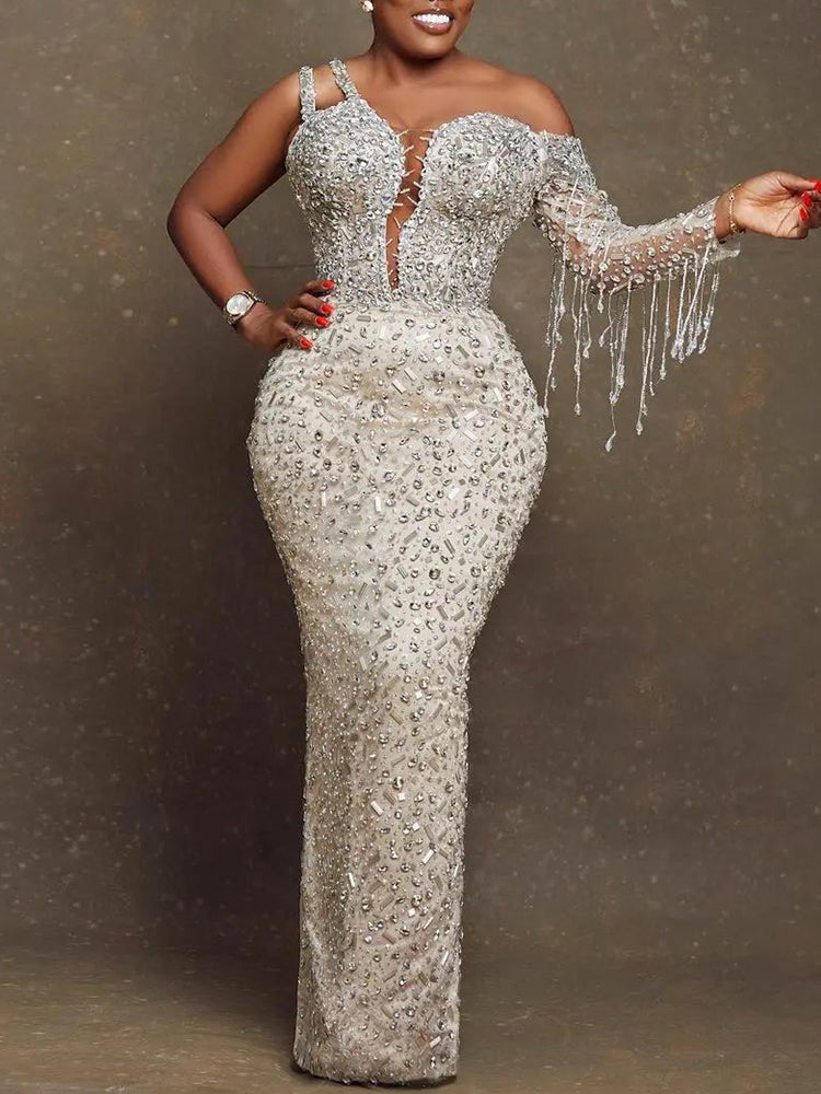 Asymmetric Sequined Tasseled Empire Wrap Silver Maxi Dress