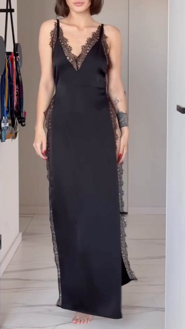 V Neck Satin Lace Trim Maxi Dress