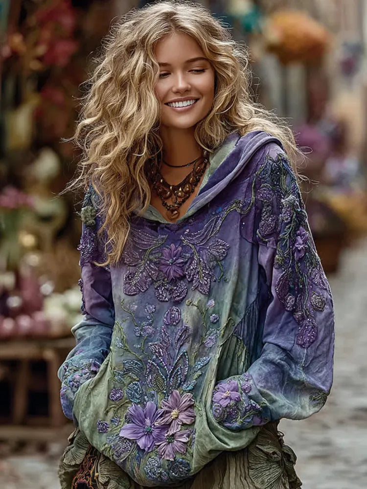Vintage Green And Purple Rose Art Linen Hoodie