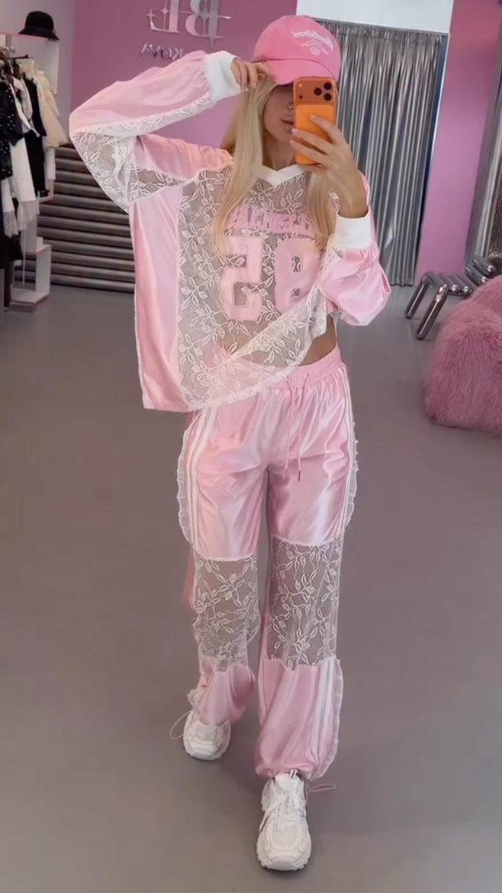Lace & Satin Patchwork Two-Piece Tracksuit