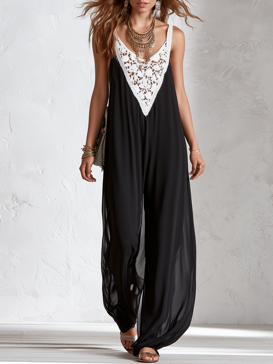 Bohemian Black Lace Panel Sleeveless Wide Leg Jumpsuit