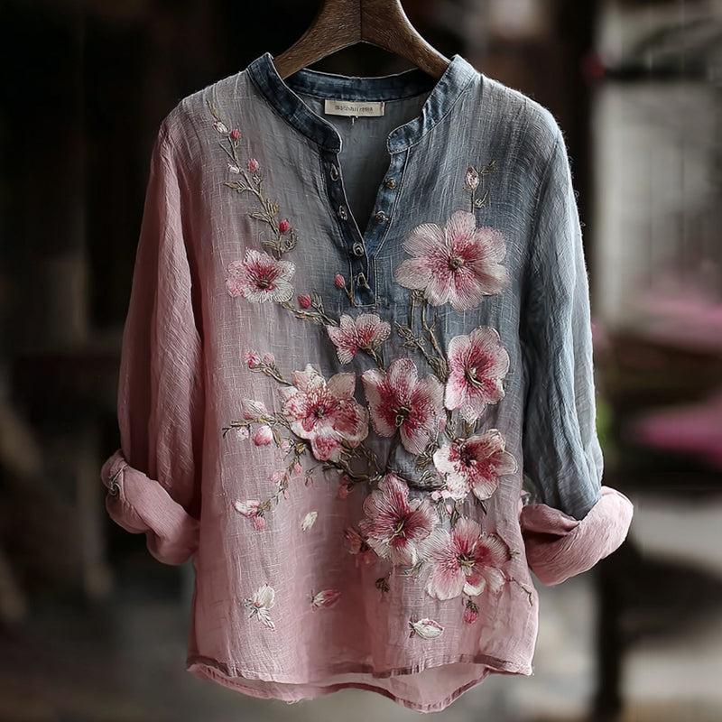 Women's Vintage Floral Gradient Embroidered Art Print Casual Shirt